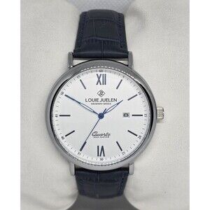 Man's Classic Luxury Round Date Silver Tone Case Blue Leather Strap Watch 13